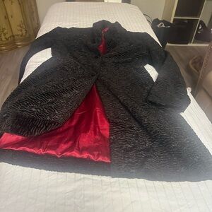 White House Black Market black textured coat with red satin lining